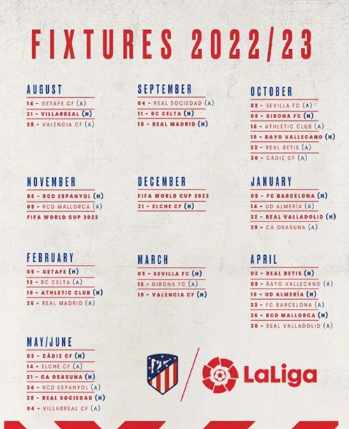 2022/23赛季马德里竞技西甲赛程